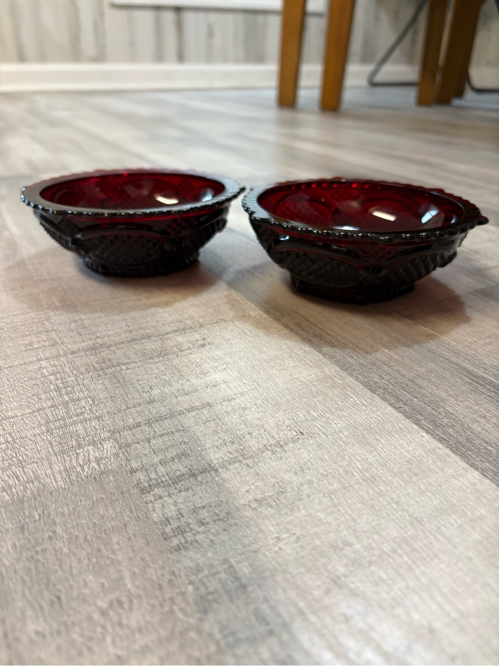 Set of 2 Avon Cape Cod Ruby Red Glass Dessert Berry Bowls Scalloped Vintage